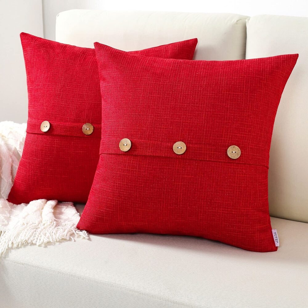 7745 Red Linen Decorative Throw Pillow Covers 16x16 Inch Set of 2, Square